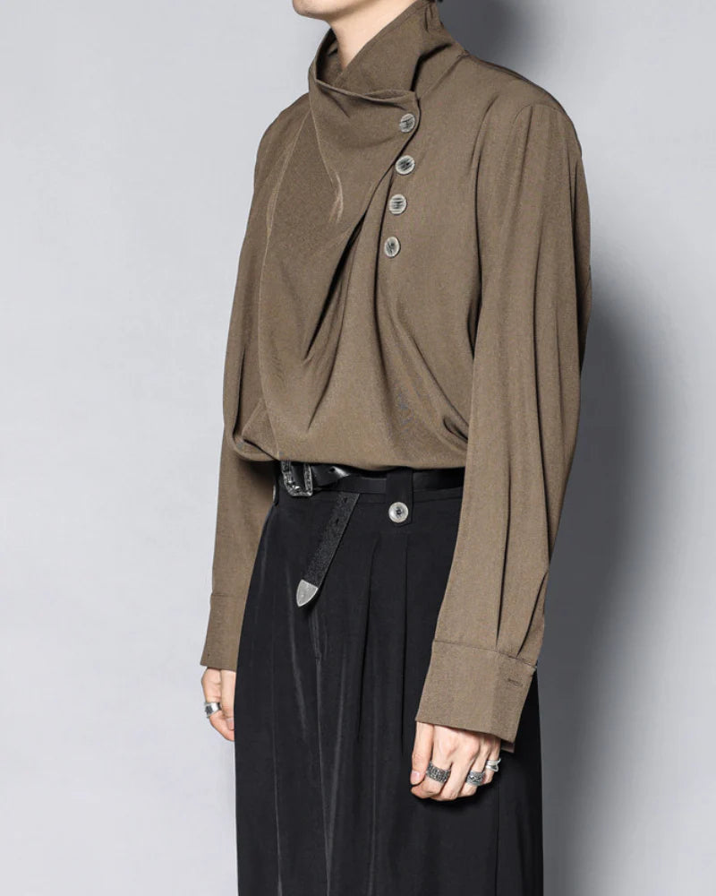 Modern Japanese Half-Stand Draped Collar Long-Sleeve Shirt