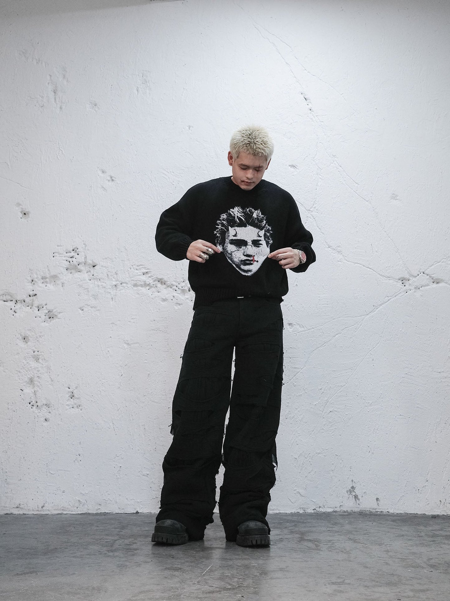 Demon Portrait Distressed Sweater