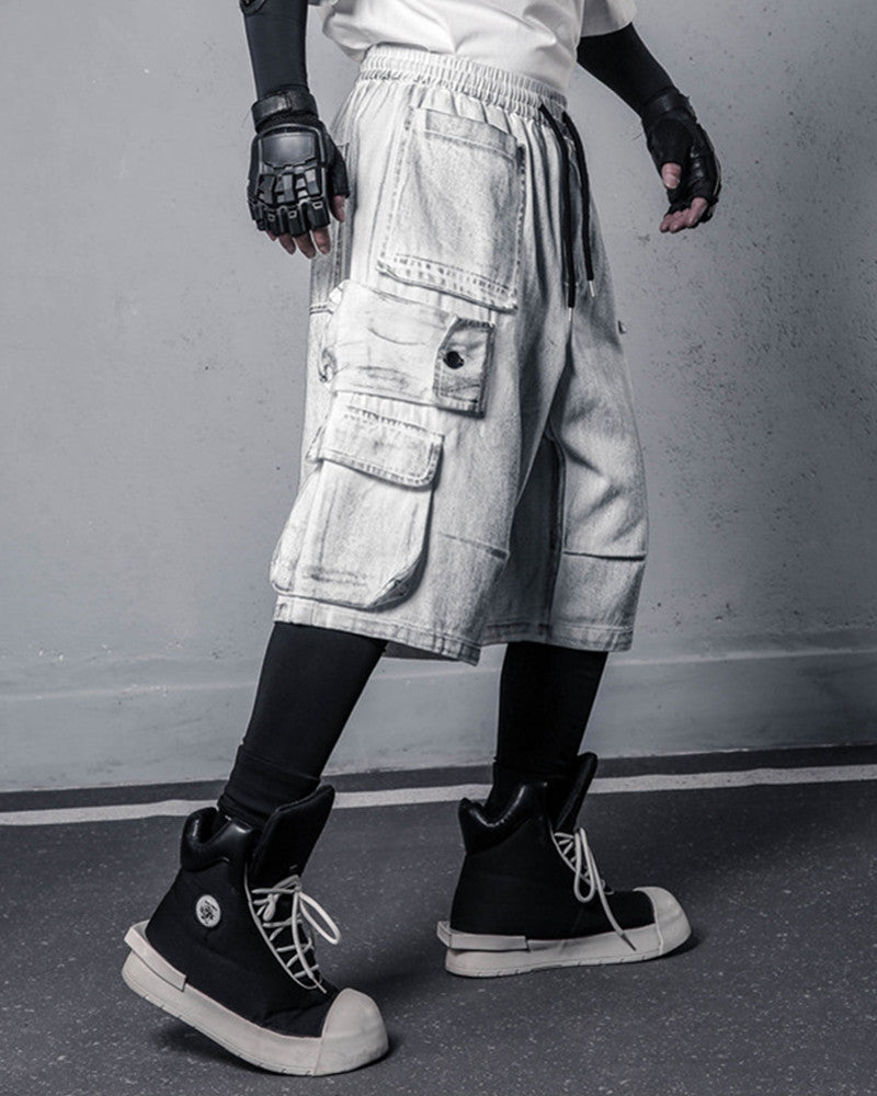 Washed Denim Multi-Pocket Cargo Shorts