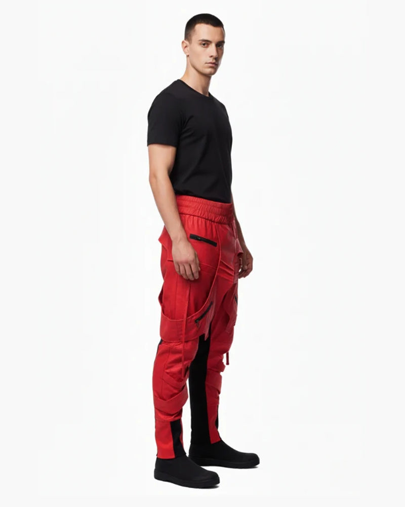 Asymmetric Waxed Red Techwear Pants