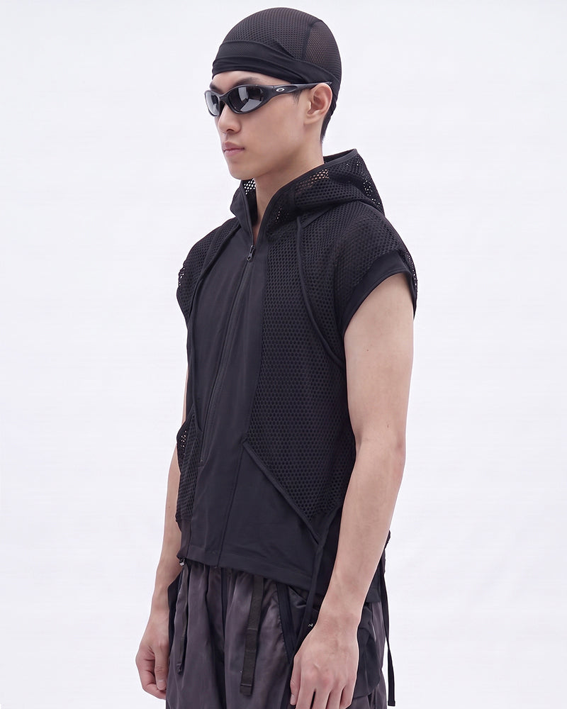 Post-Apocalyptic Mesh-Patchwork Diagonal-Zip Hooded Sleeveless T-Shirt