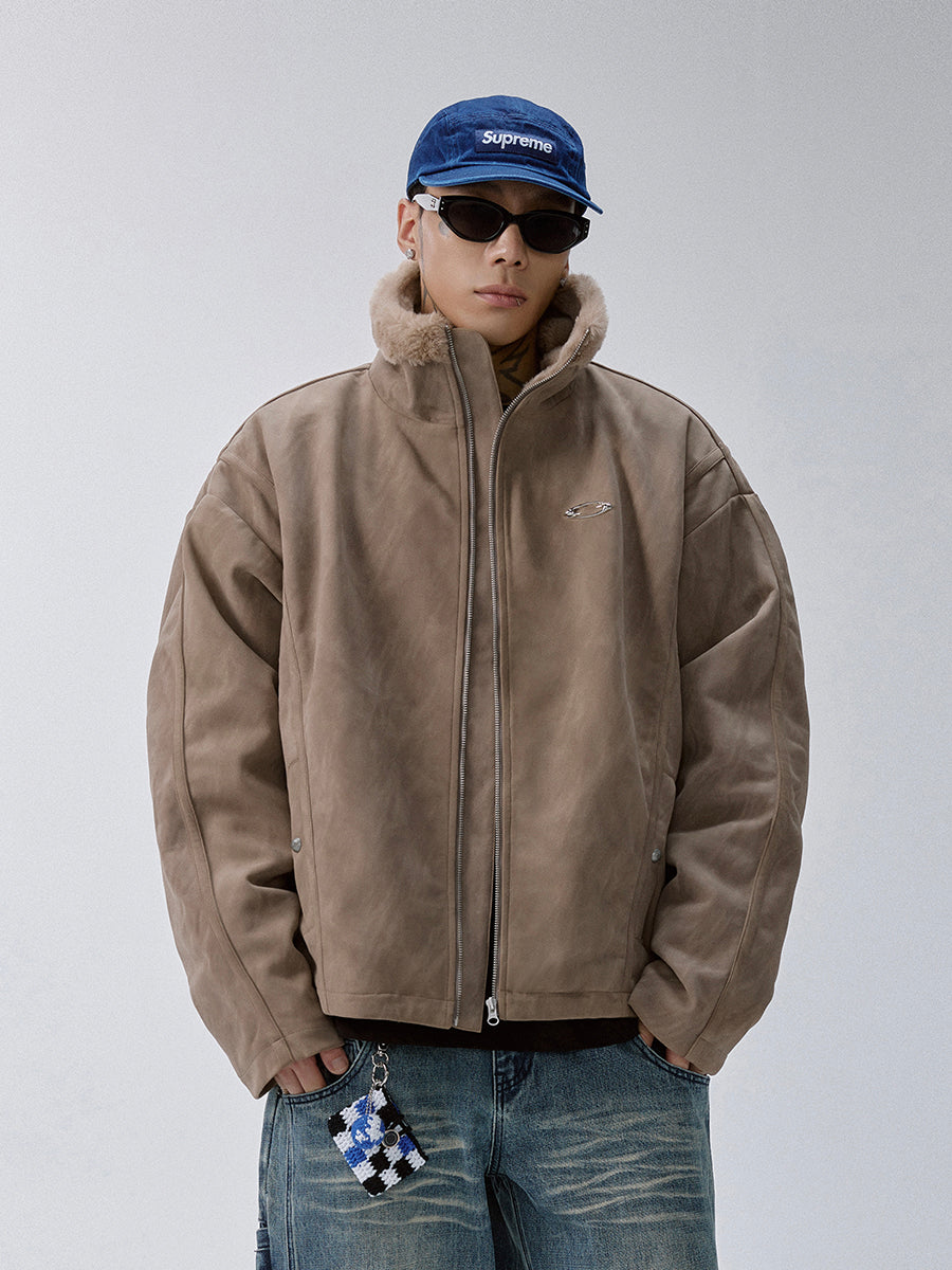 Aged Suede Faux Fur High-Collar Jacket