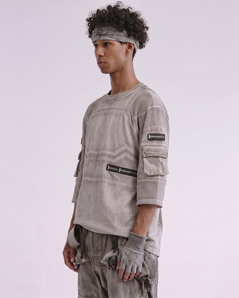 Dystopian Dirty-Dye Mesh Velcro Pocket Short Sleeve Tee