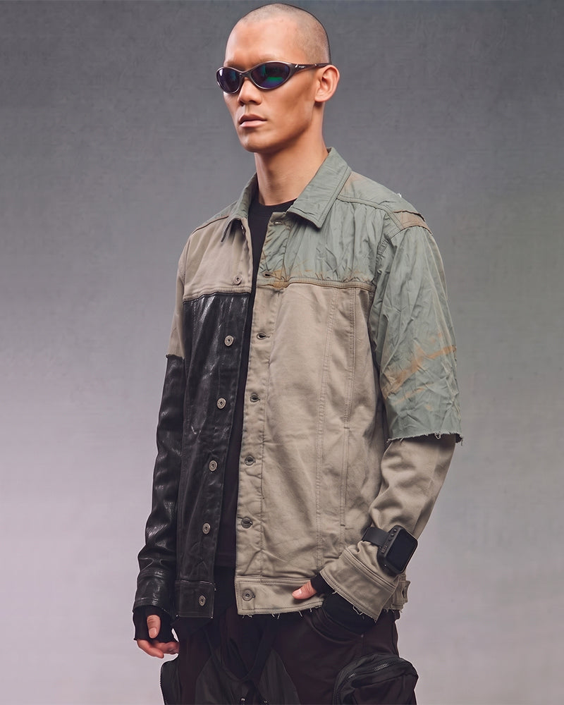 Post‑Apocalyptic Waxed Patchwork Deconstructed Denim Jacket