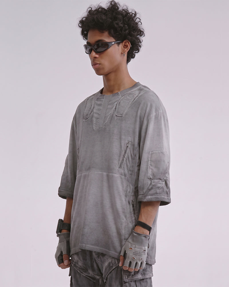 Post-Apocalyptic Dirty-Dye Mesh Panel Tactical T-Shirt
