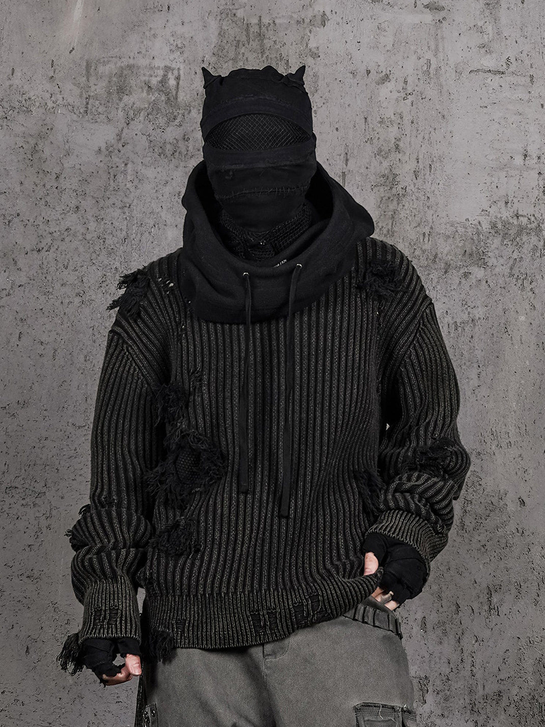 Post-Apocalyptic Wear Ripped Sweater Charcoal