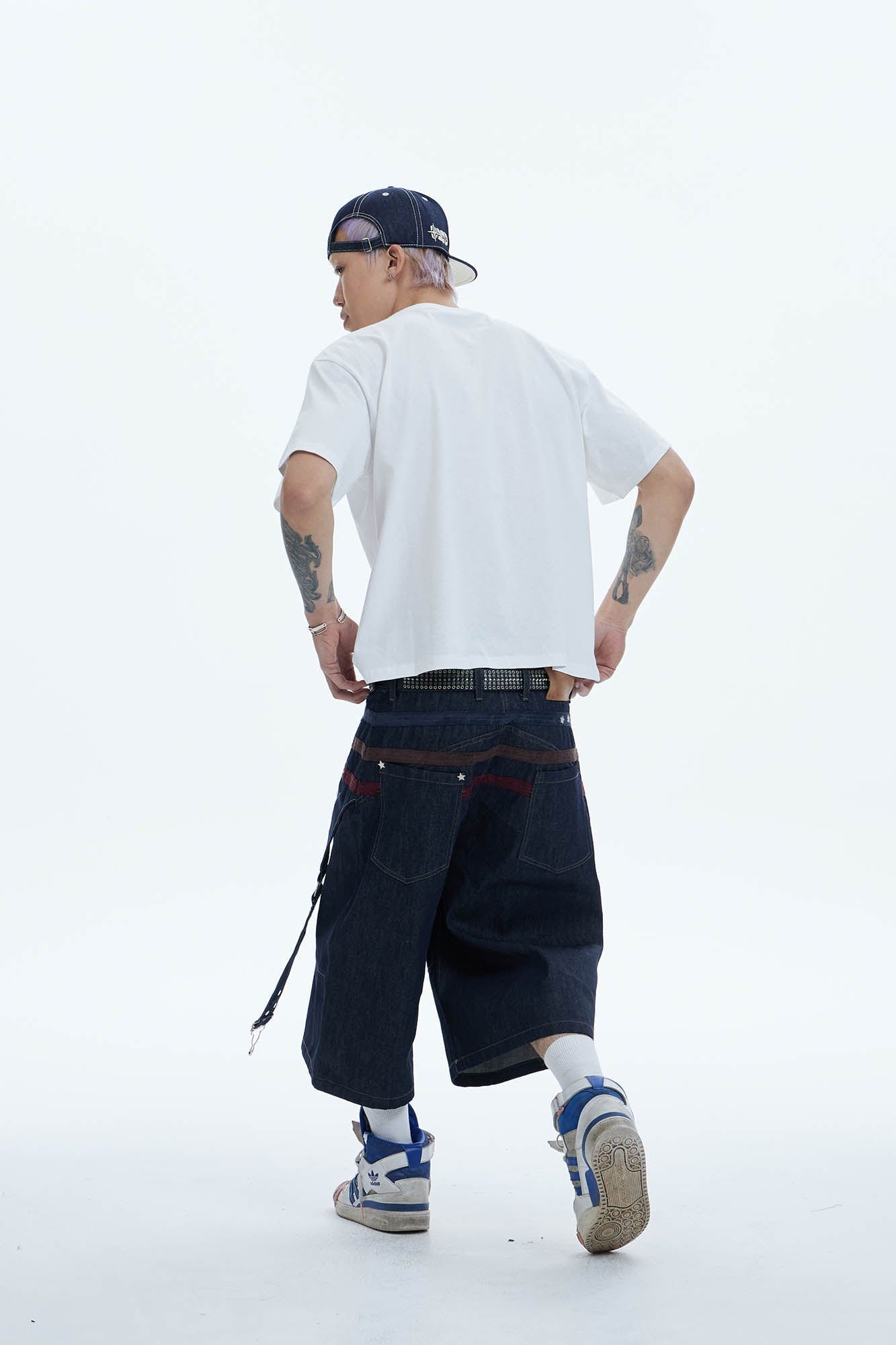 Star-Rivet Harness-Layered Denim Shorts