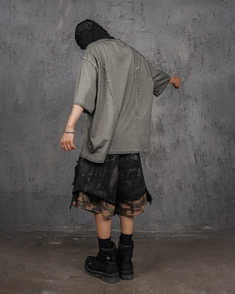 Double-Layered Ripped Camo Shorts Black