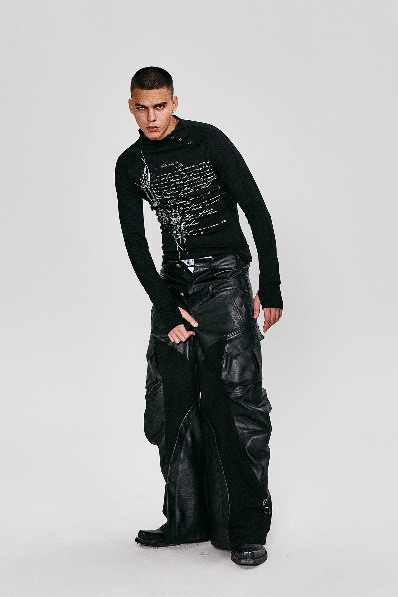 Gothic Script Graphic Asymmetrical Button Long-Sleeve Tee