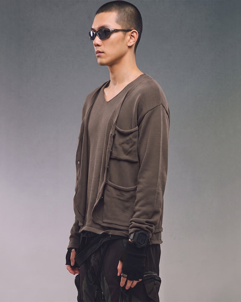 Post-Apocalyptic Faux Layer Buttoned Knit Cardigan