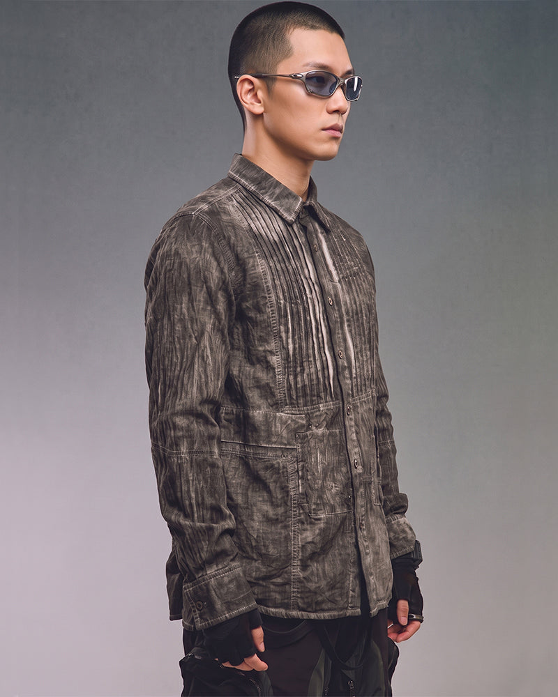 Post‑Apocalyptic Dirty Wash Distressed Pleated Shirt