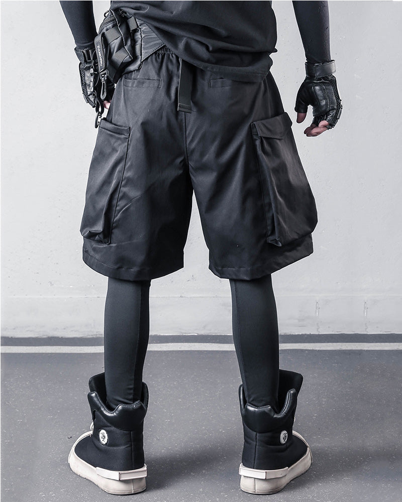 Black Techwear Multi-Pocket Cargo Shorts