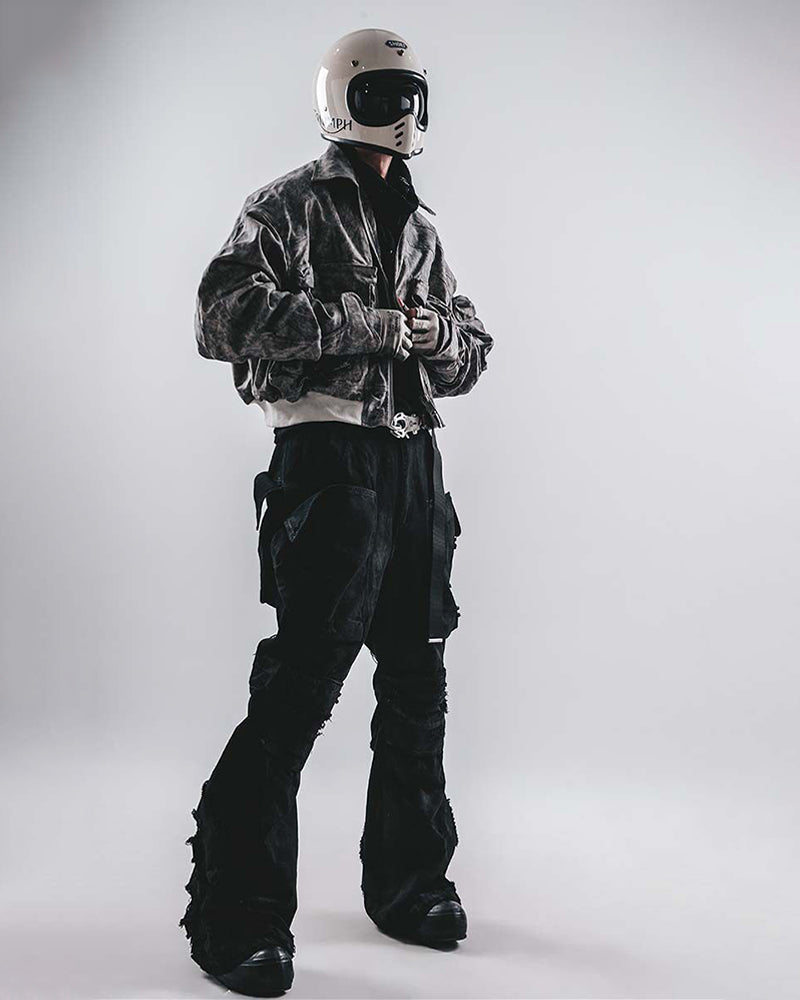 Acid-Wash Cropped Bomber Utility Jacket