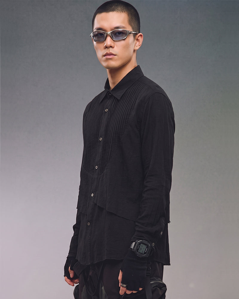 Post‑Apocalyptic Vintage Pleated Panel Long Sleeve Shirt