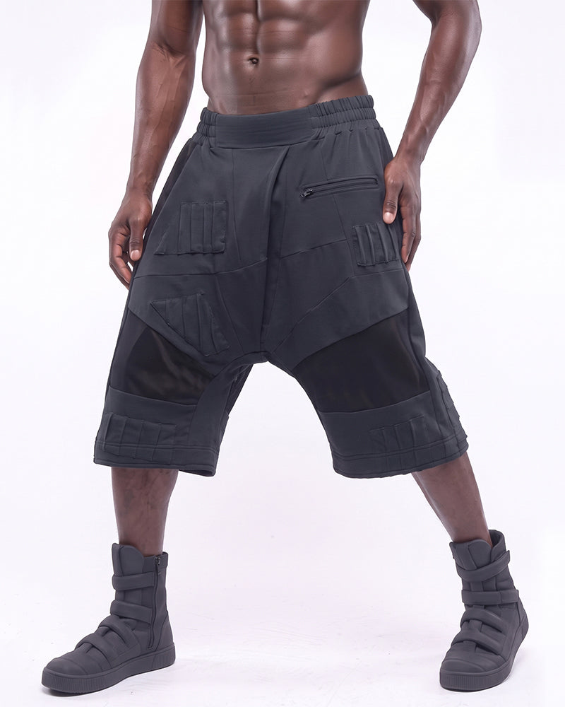 Post-Apocalyptic Deconstructed Paneled Drop-Crotch Shorts