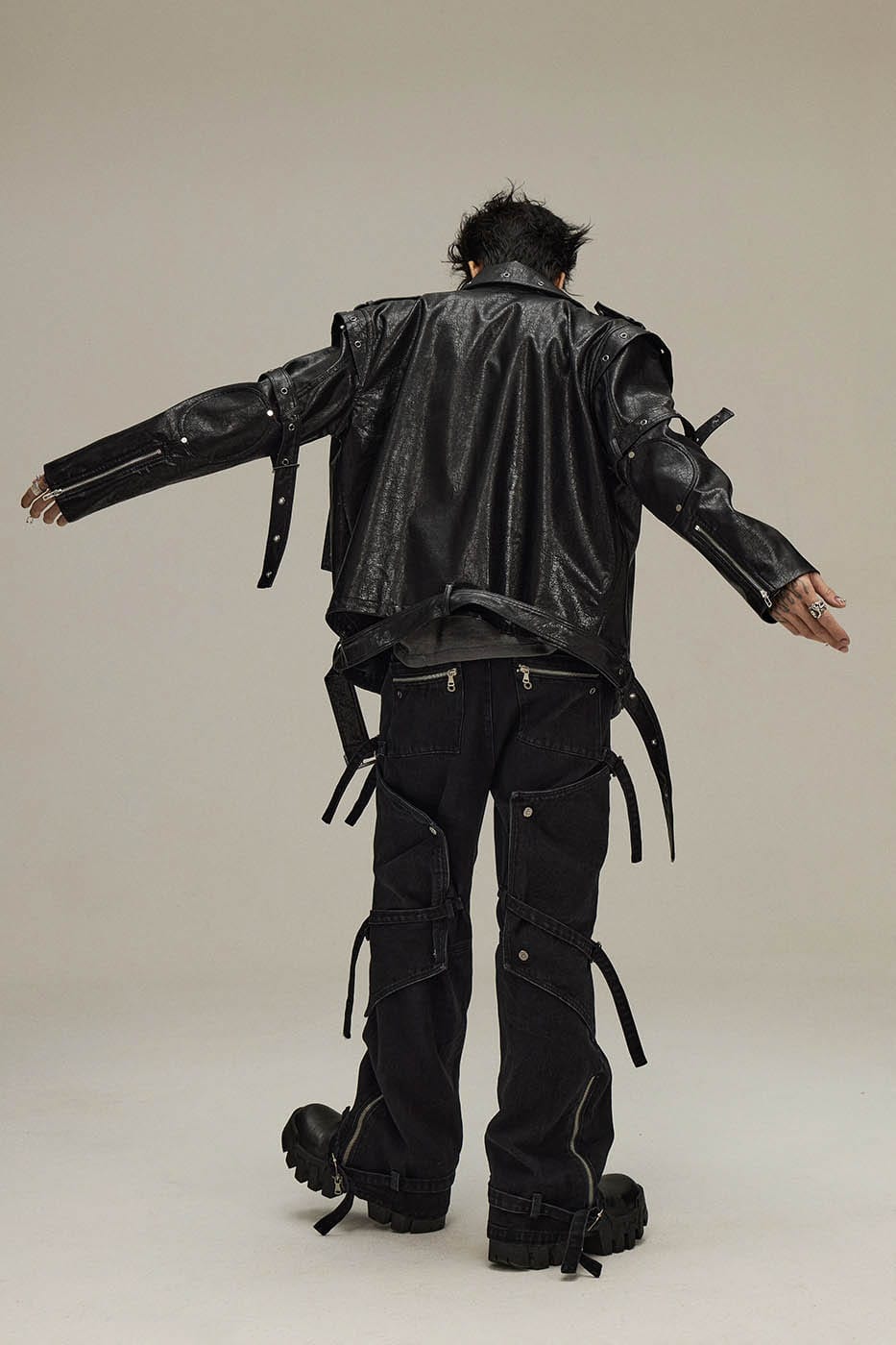 Spliced Faux-Layered Strap Zipper Pants