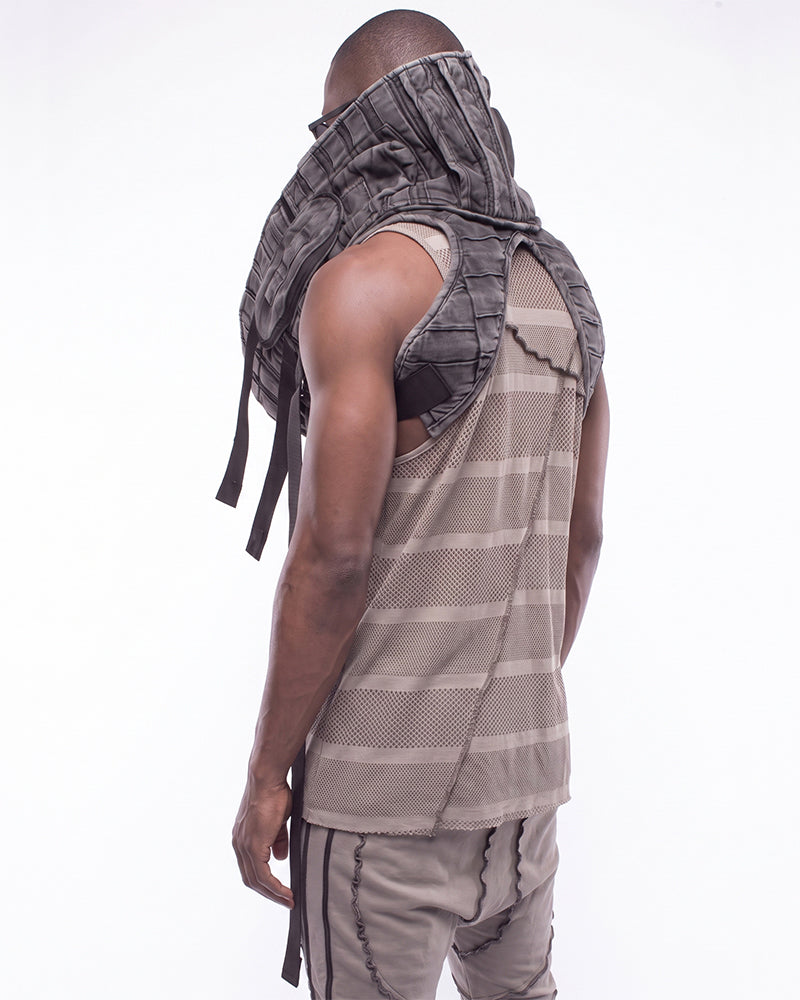 Post-Apocalyptic Asymmetric Pleated High-Neck Utility Vest