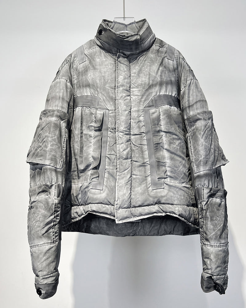 Dystopian Distressed Cropped Multi-Pocket Down Jacket