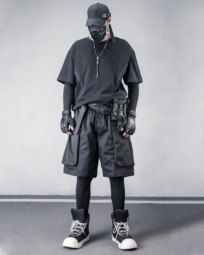 Black Techwear Multi-Pocket Cargo Shorts