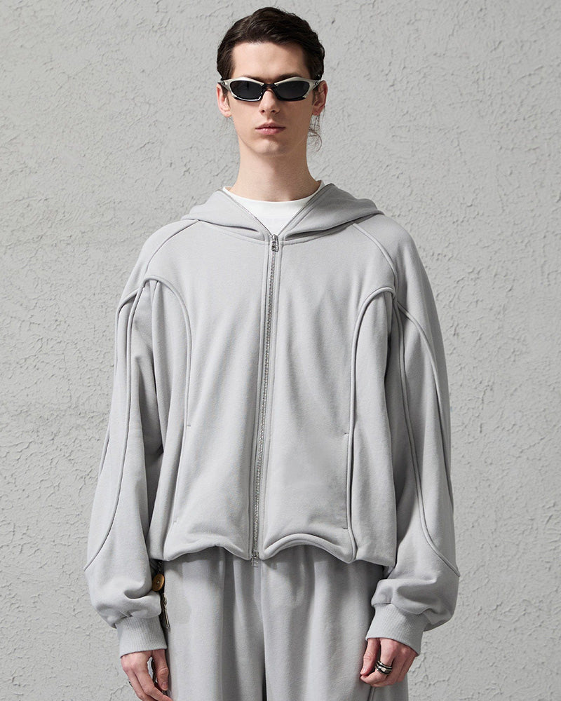Curved Panel Drawstring-Hem Zip-Up Hoodie