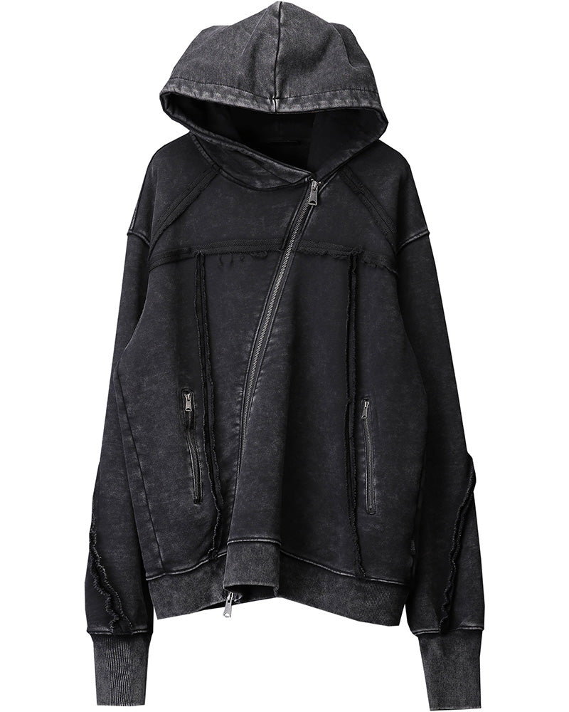 Washed Distressed Asymmetric Zip Techwear Hoodie
