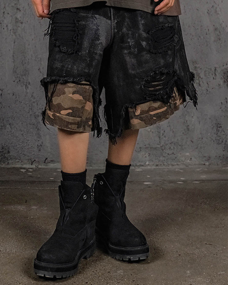 Double-Layered Ripped Camo Shorts Black