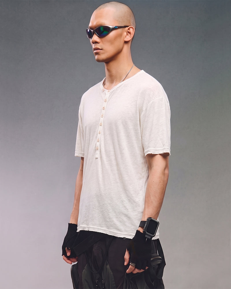 Minimal Raw Edge Button Short Sleeve T-Shirt