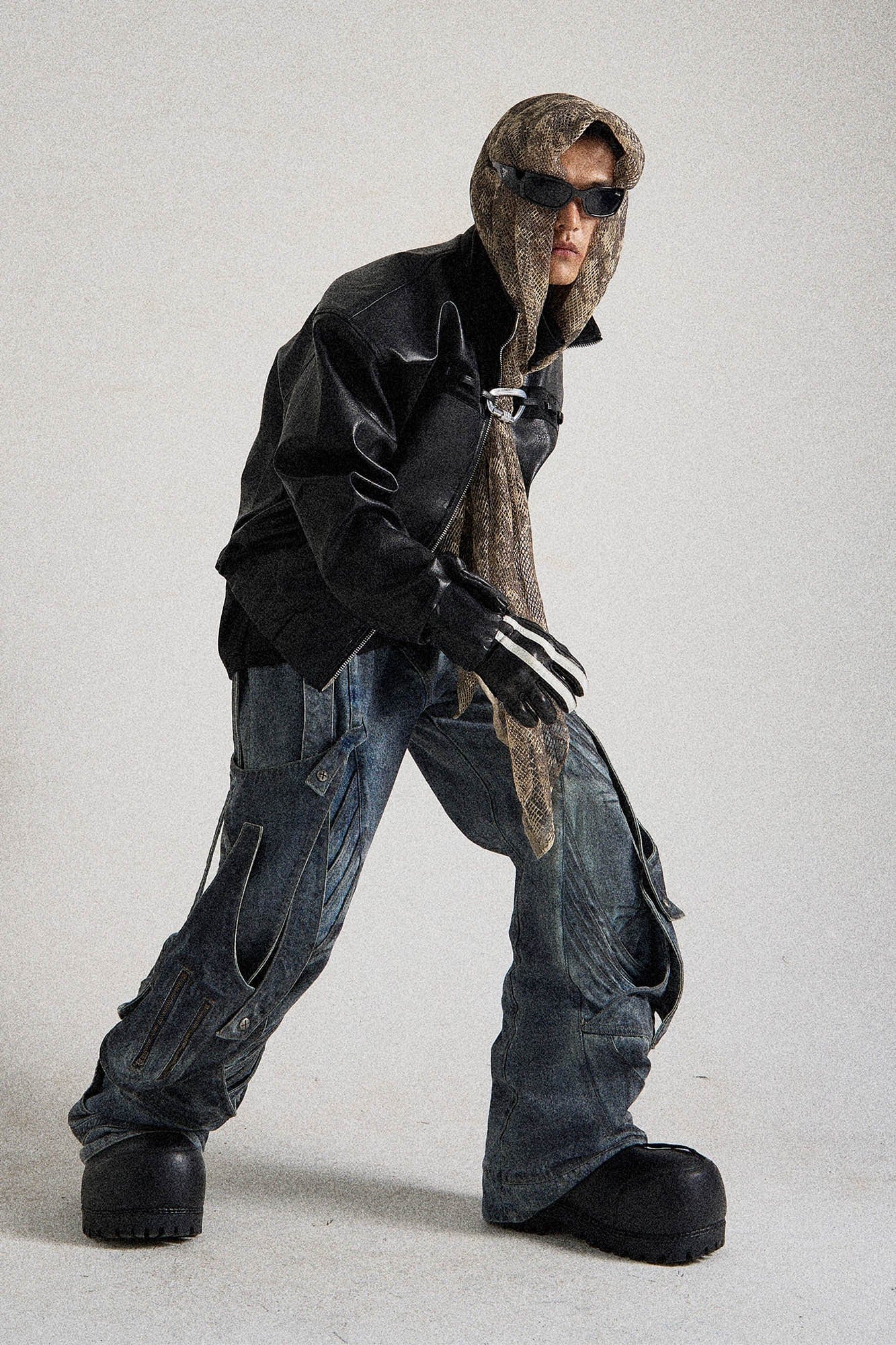 Deconstructed Multi-Strap Wide-Leg Jeans