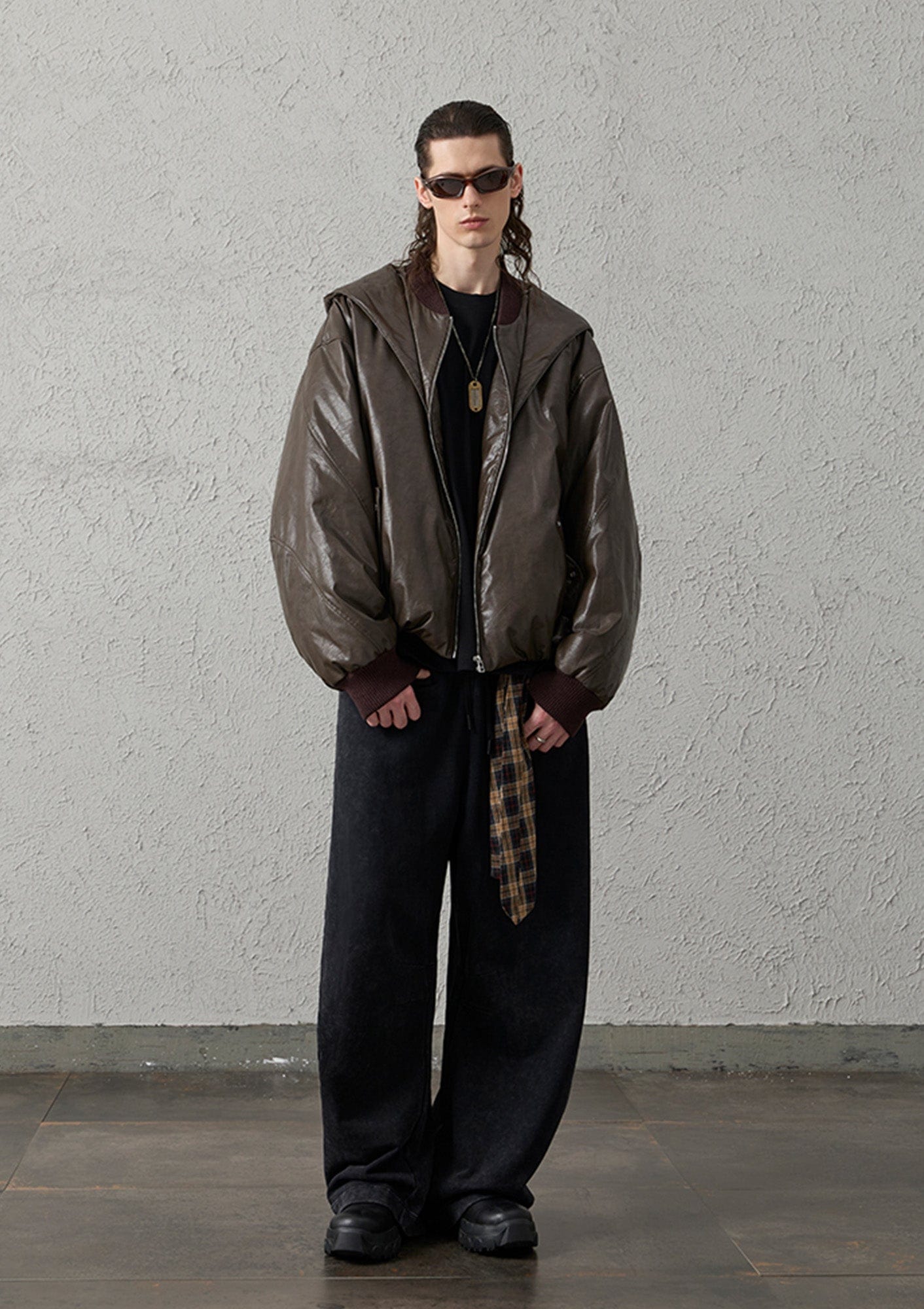 Waxed-Wash Oversized Curved Pants