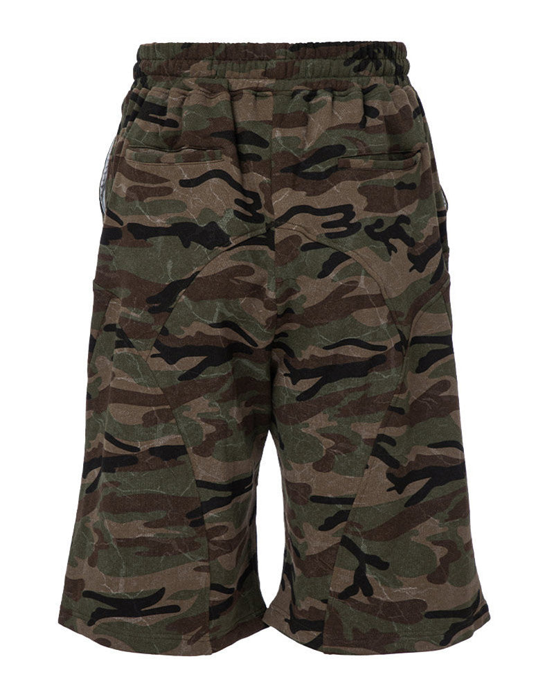 Washed Camo Oversized Curved Knee Shorts