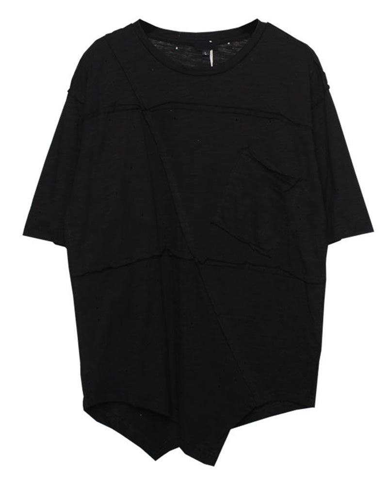 Asymmetric Patchwork Distressed Techwear T-Shirt