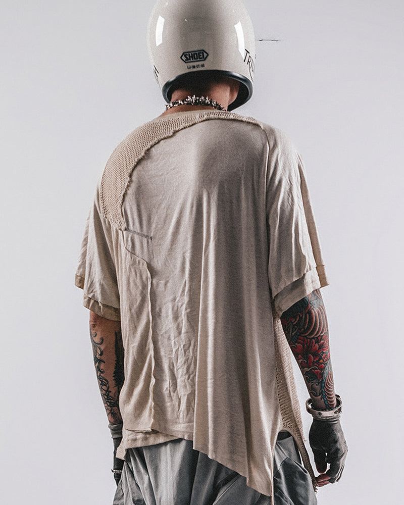 Wasteland Wear Distressed Dual-Layer Mesh Patchwork T-Shirt