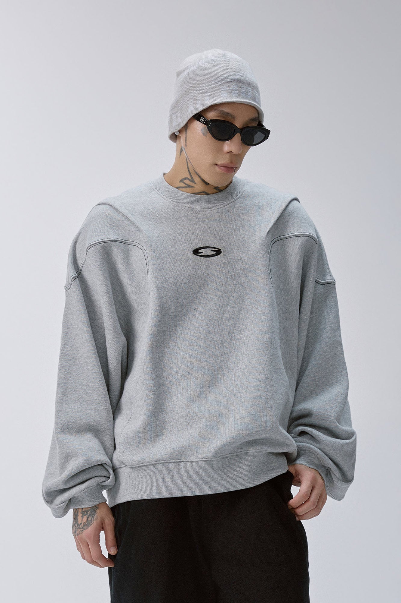 Pleated Panel Logo Embroidery Sweatshirt