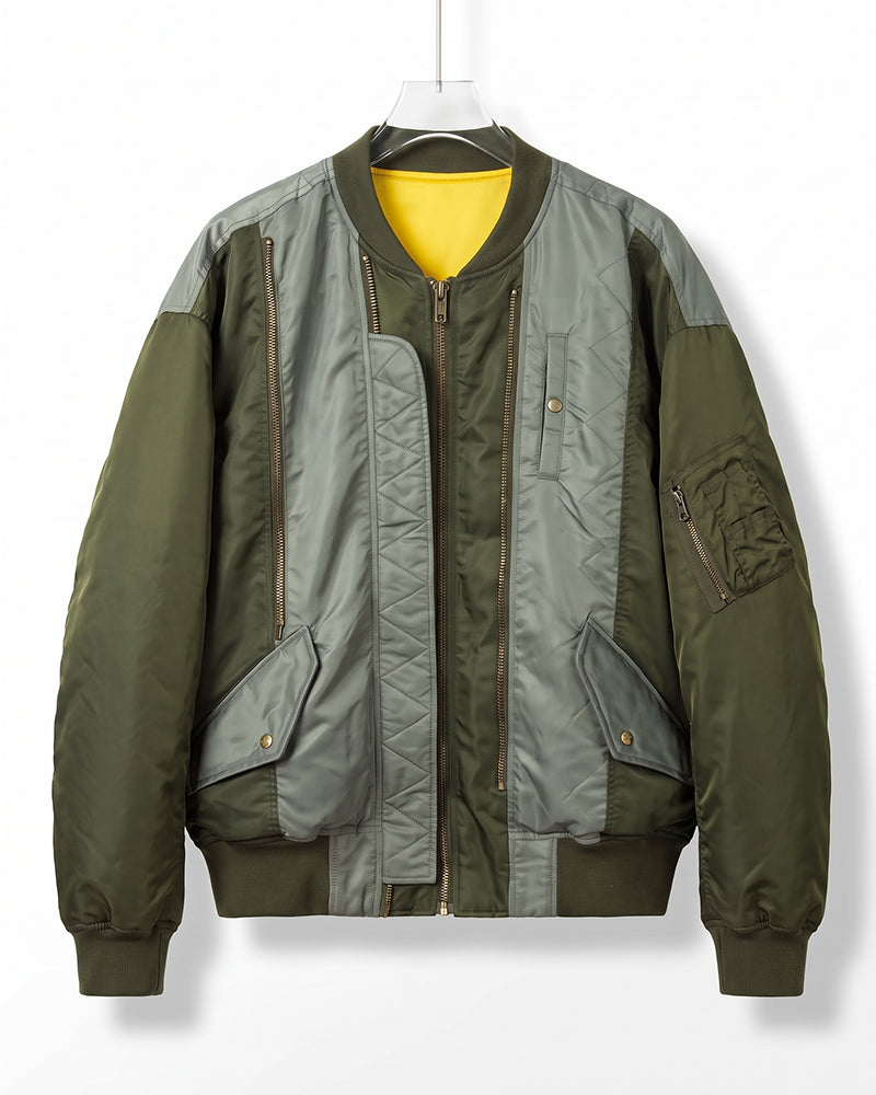 Deconstructed Color-Block Multi-Zip Military Jacket