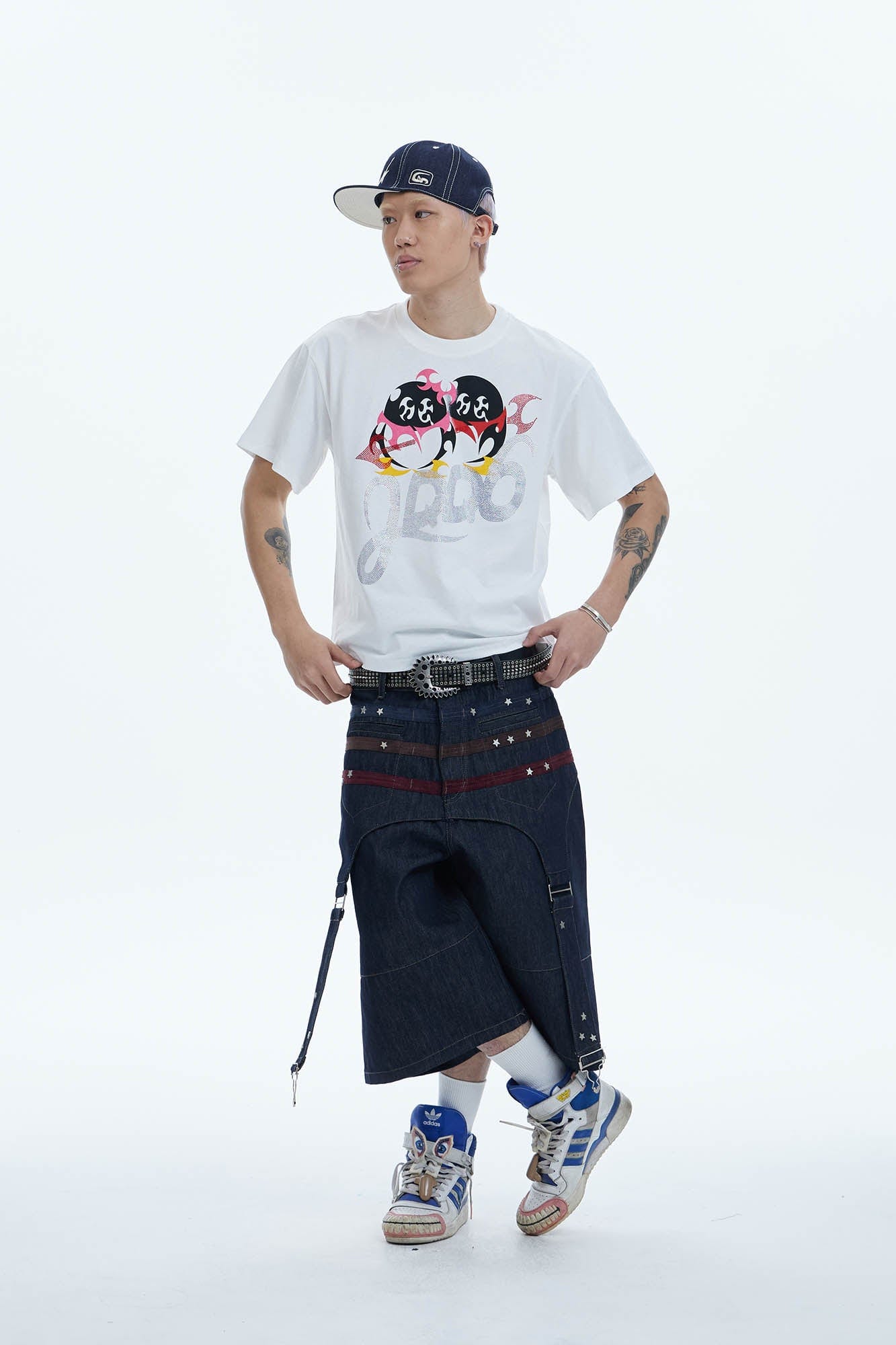 Star-Rivet Harness-Layered Denim Shorts
