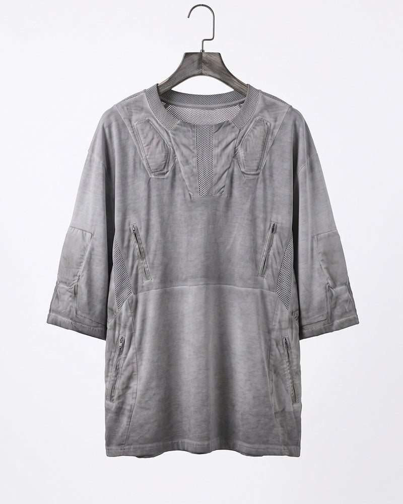 Post-Apocalyptic Dirty-Dye Mesh Panel Tactical T-Shirt