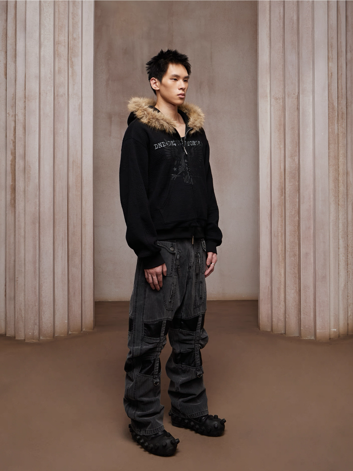 Washed Paneled Strap-Tacked Jeans