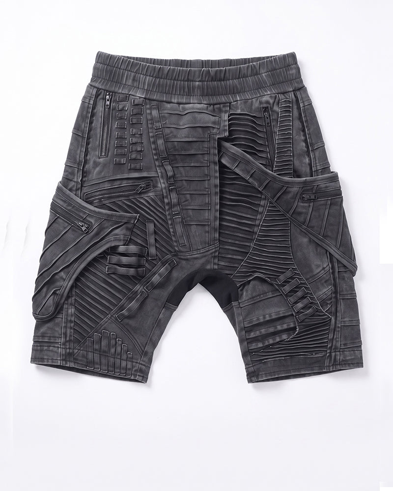 Wasteland Asymmetric Pleated Multi-Zip Drop-Crotch Shorts