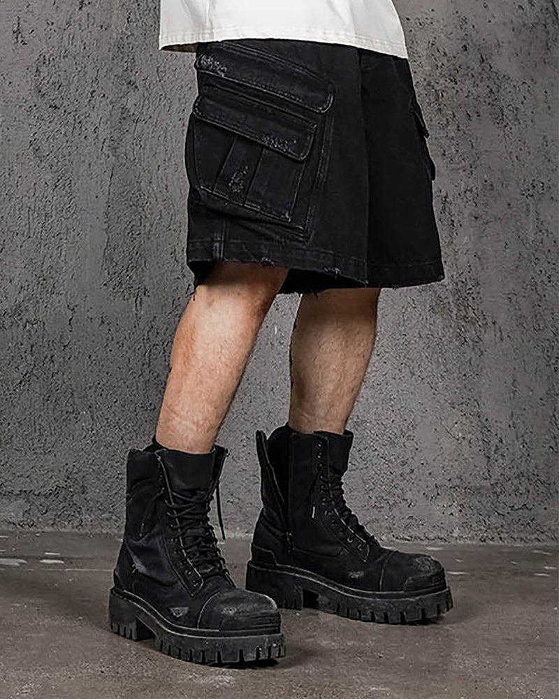 Layered-Pocket Distressed Denim Shorts