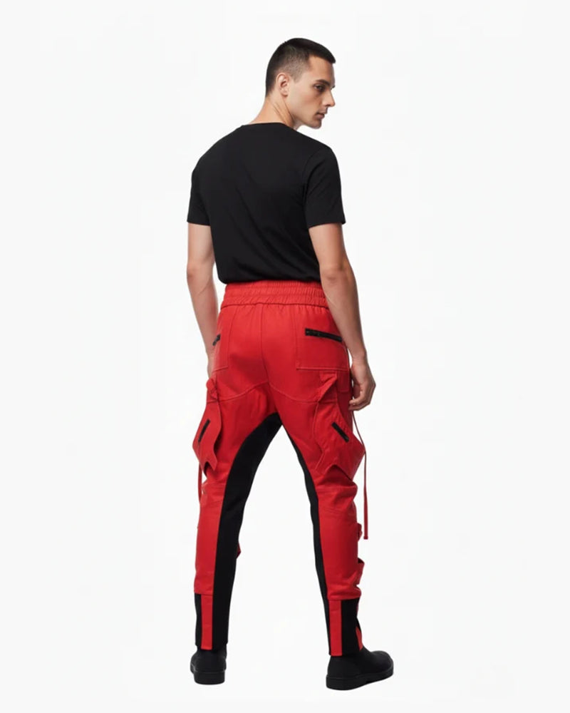 Asymmetric Waxed Red Techwear Pants
