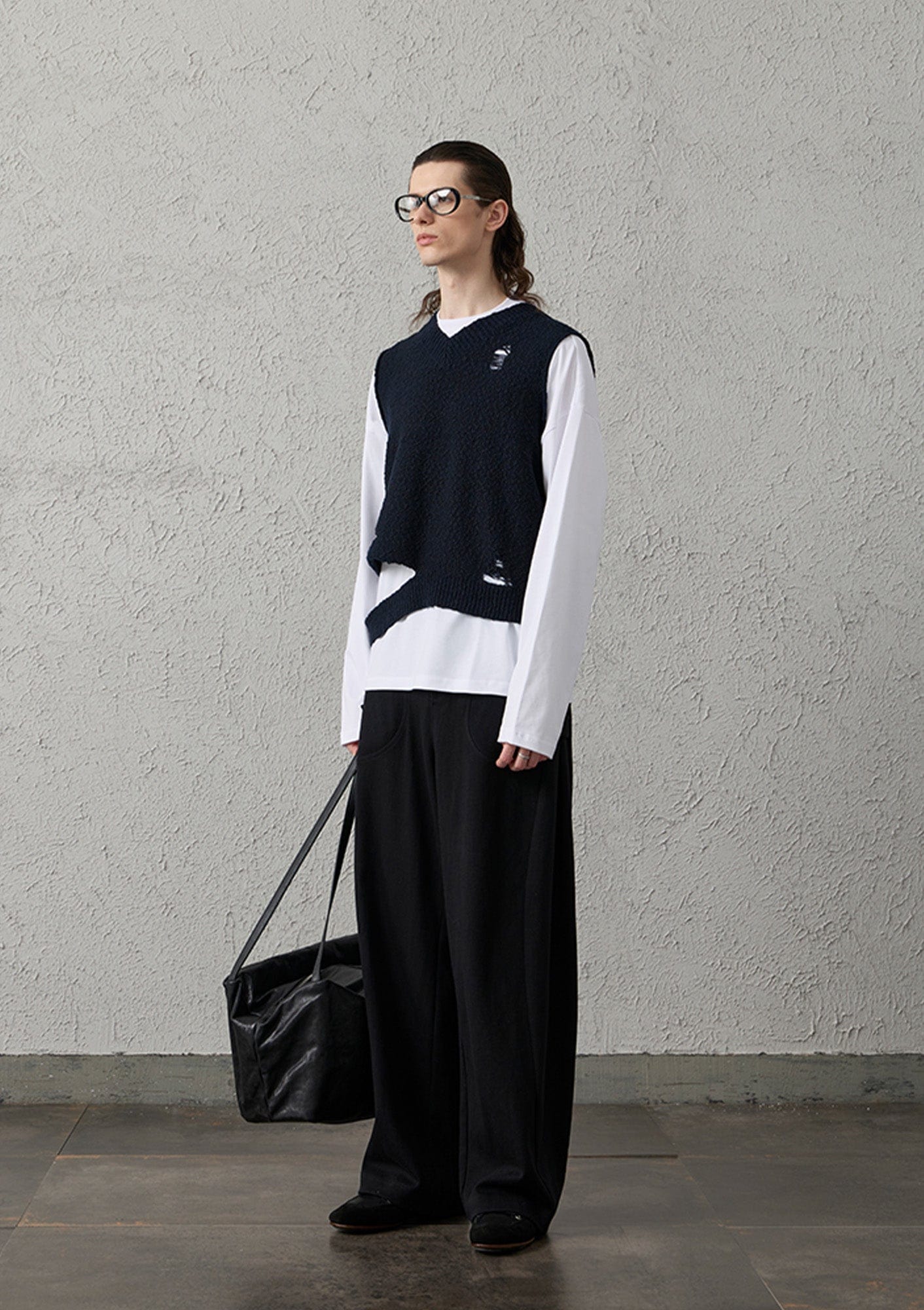 Asymmetrical Distressed Bubble-Knit Vest