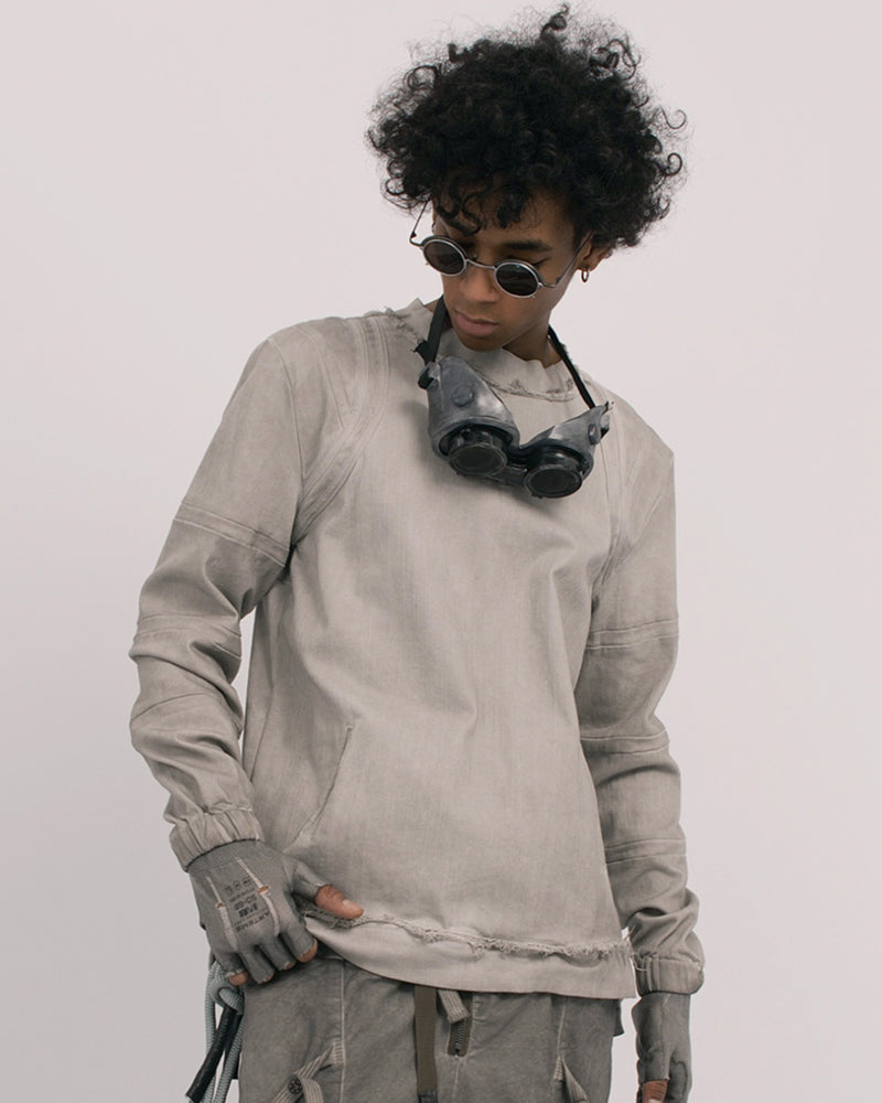 Wasteland Distressed Frayed Hem Crewneck Long-Sleeve Tee