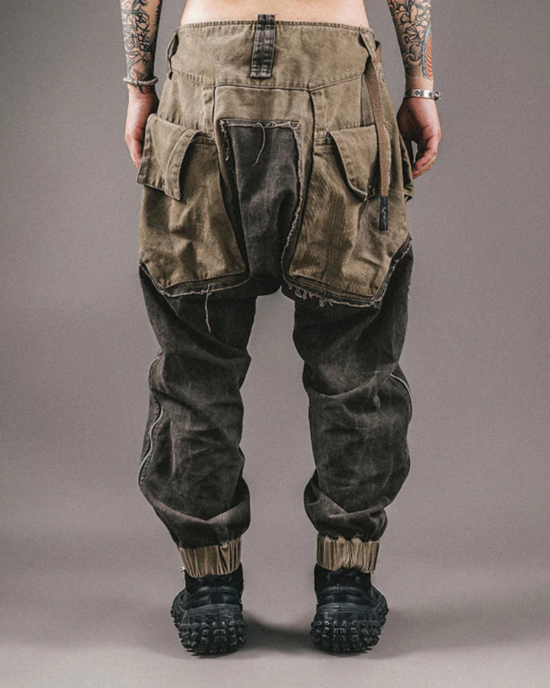 Wasteland Style Color-Blocked Drawstring Zipper Cargo Pants