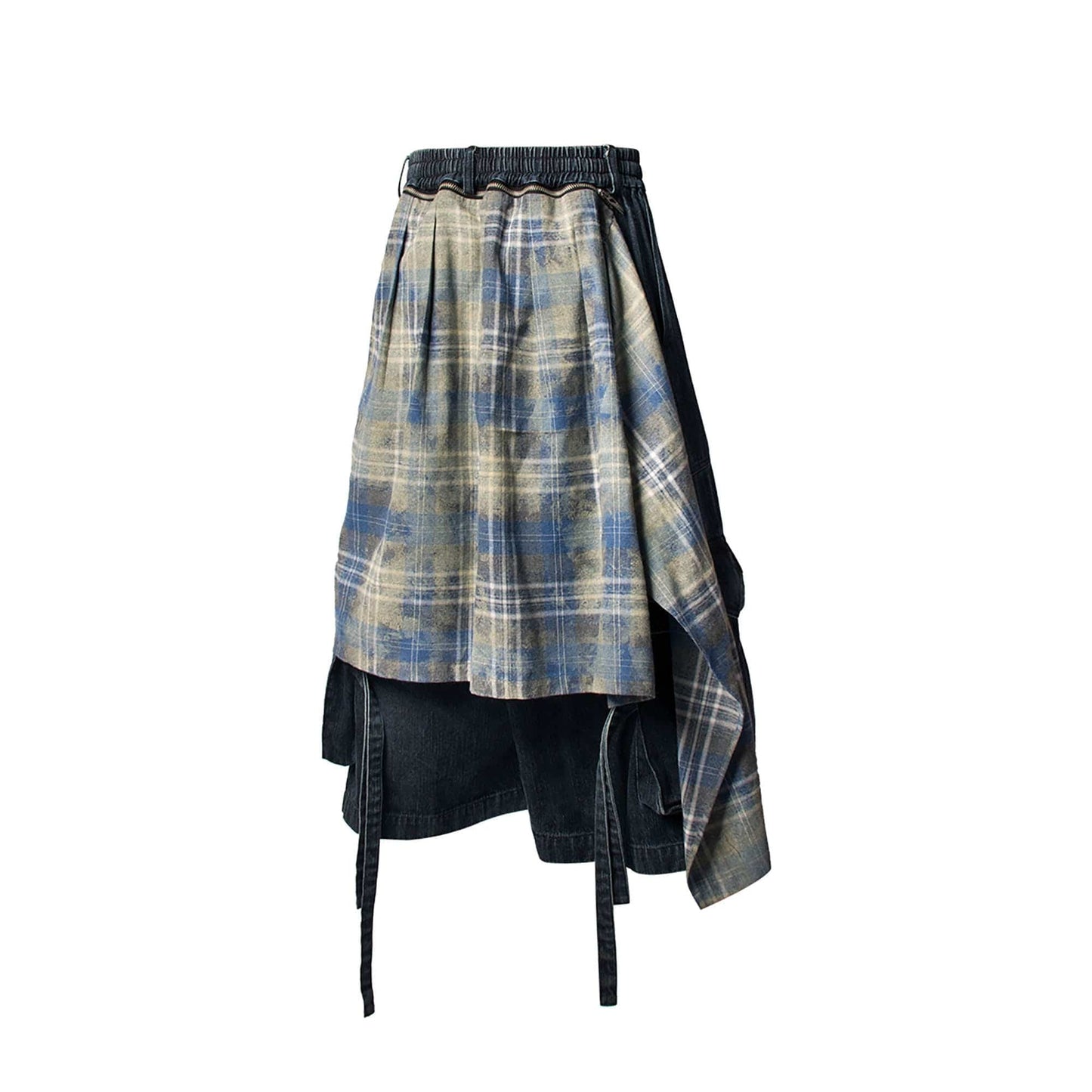 Detachable Plaid Drape Denim Shorts