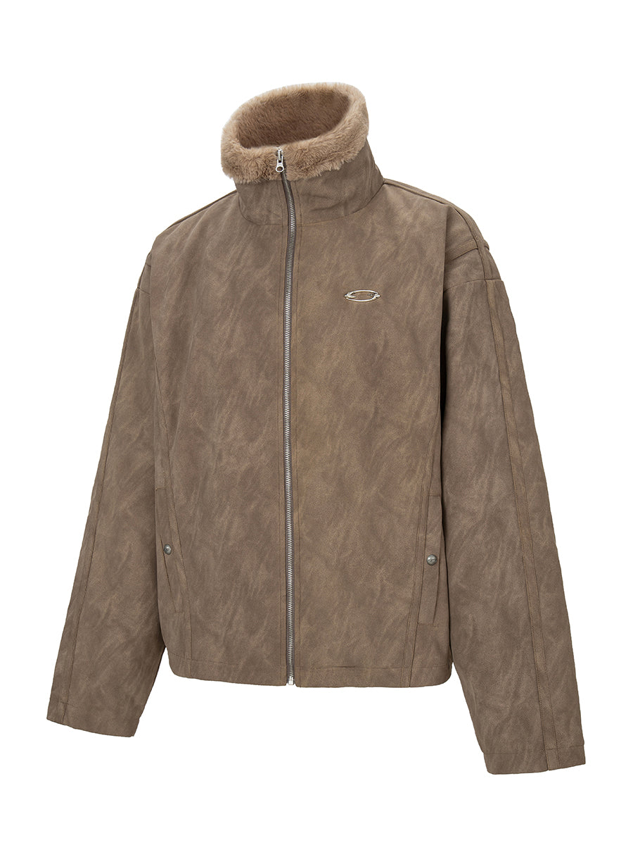 Aged Suede Faux Fur High-Collar Jacket