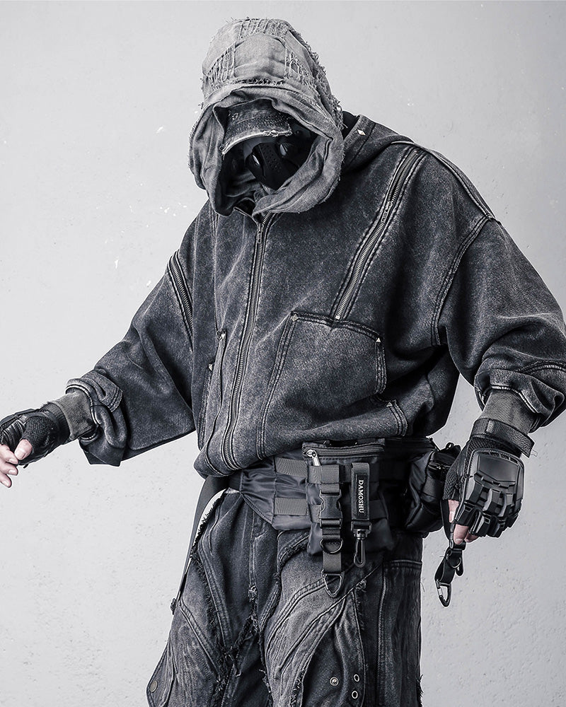 Wasteland Distressed Washed Multi-Zip Techwear Hoodie