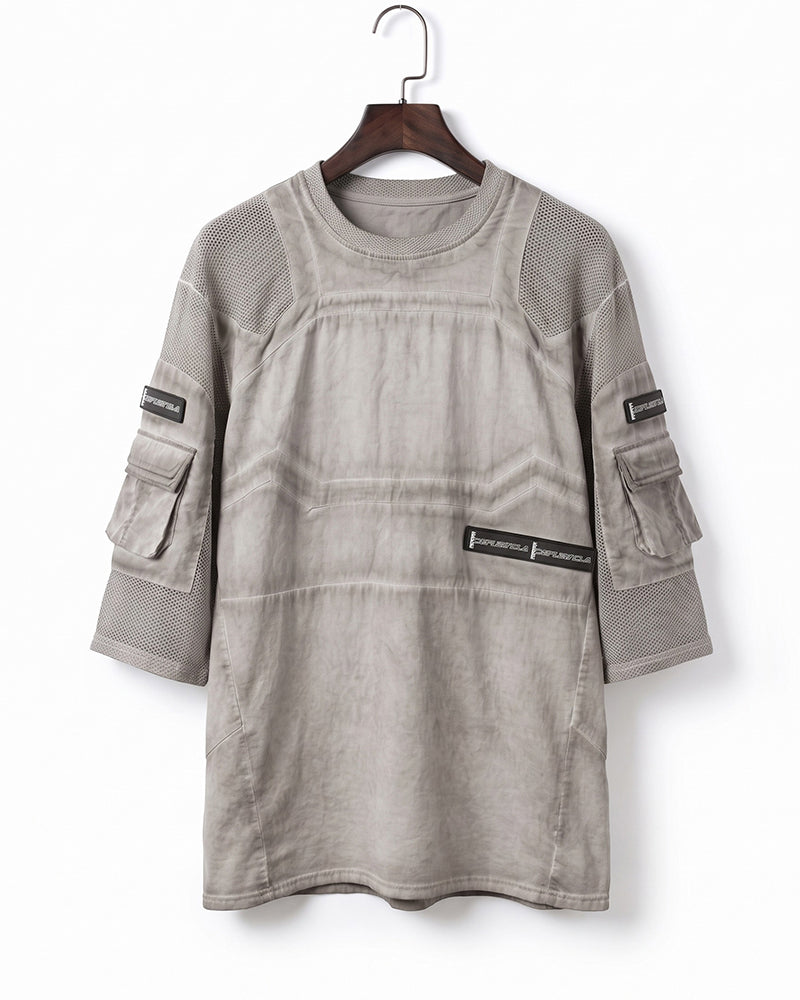 Dystopian Dirty-Dye Mesh Velcro Pocket Short Sleeve Tee