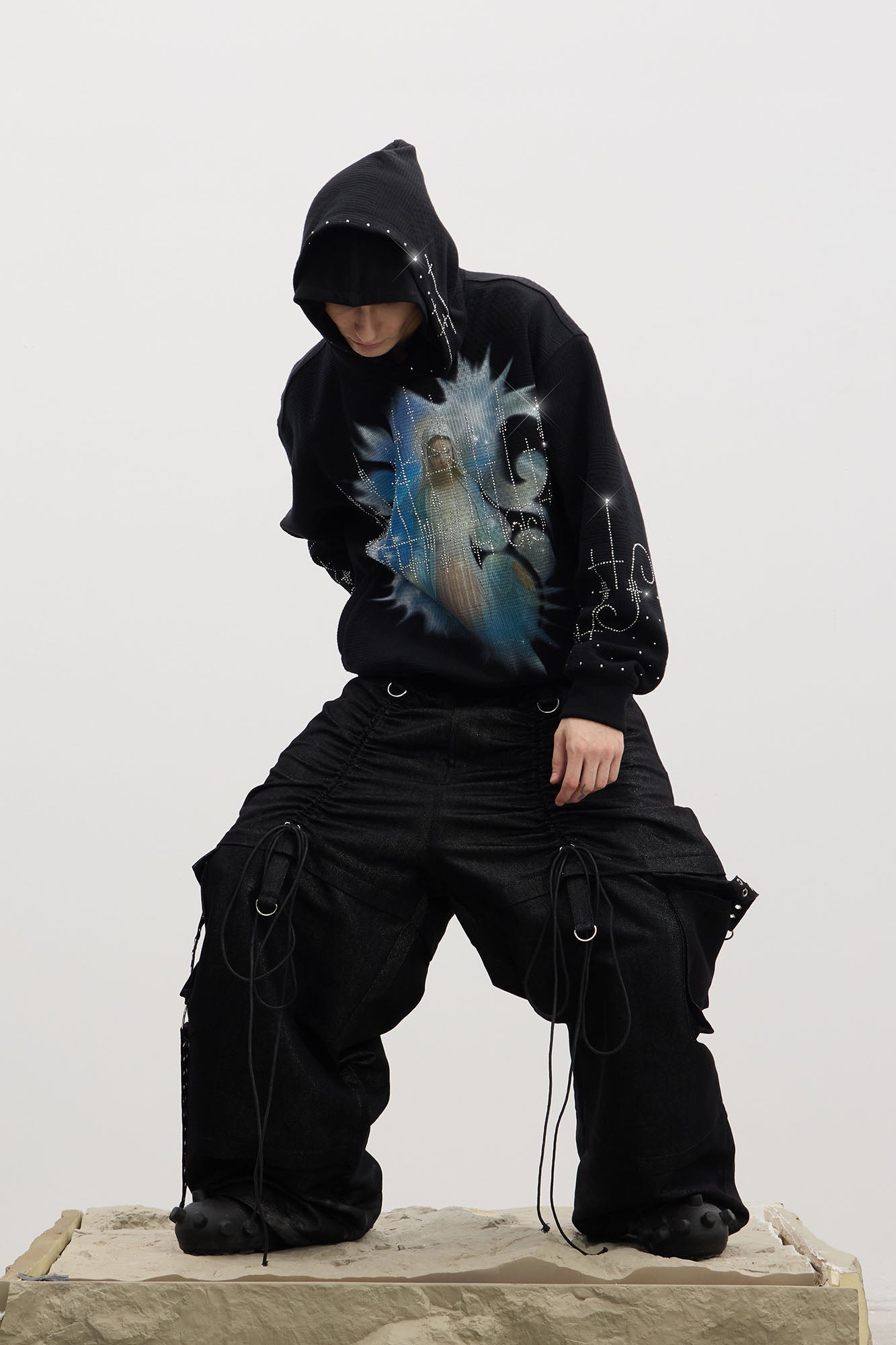 Drawstring Ruched Coated Cargo Jeans