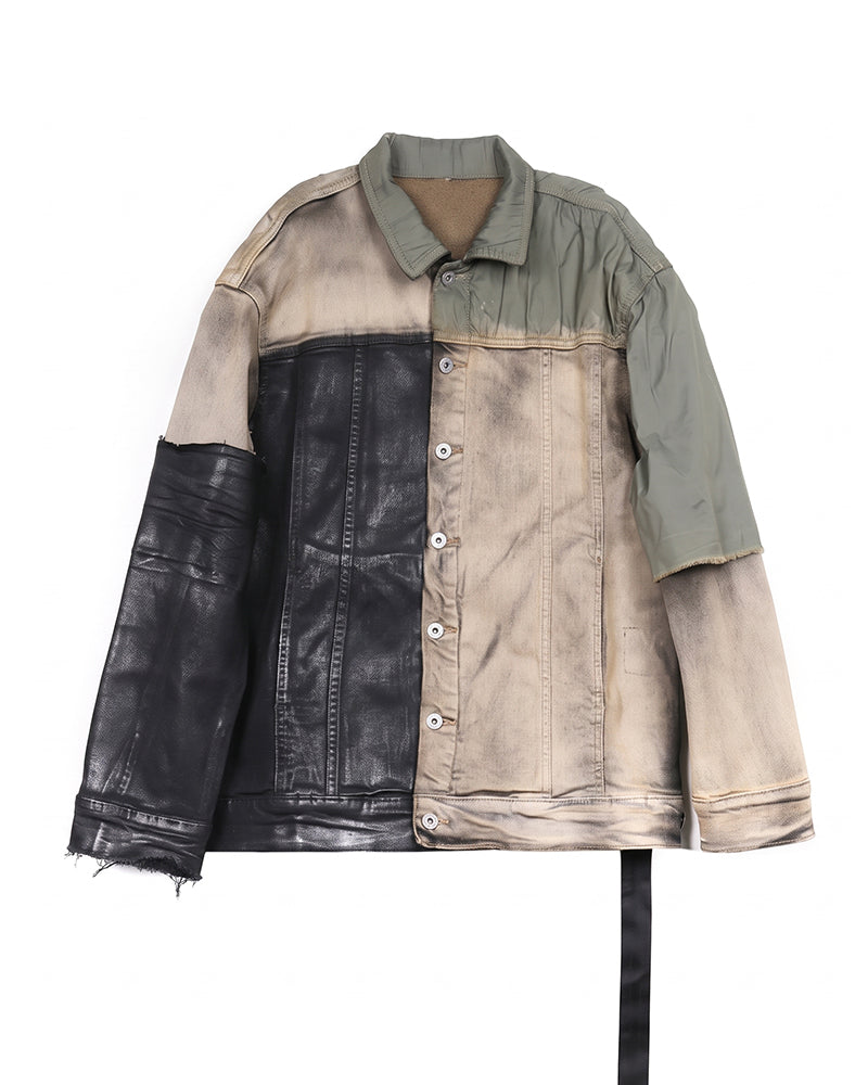Post‑Apocalyptic Waxed Patchwork Deconstructed Denim Jacket