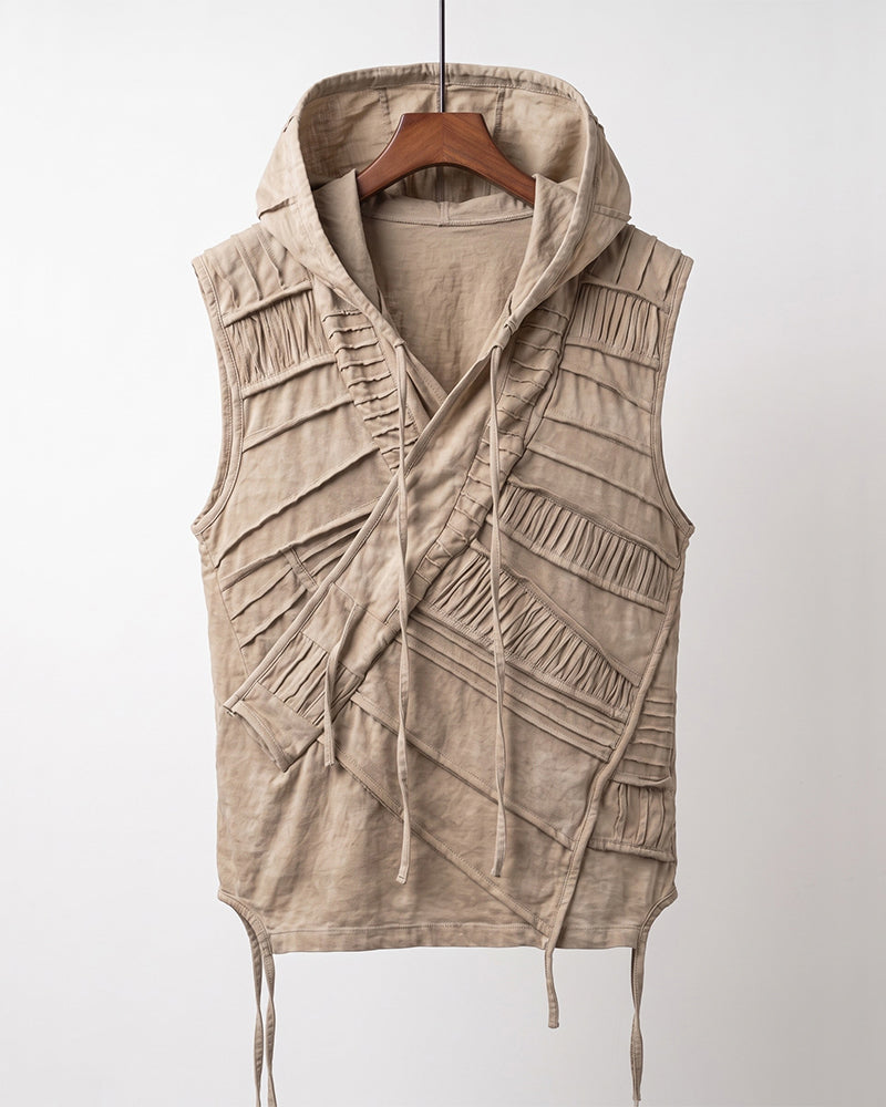 Wasteland Distressed Pleated Asymmetric Sleeveless Hooded Vest